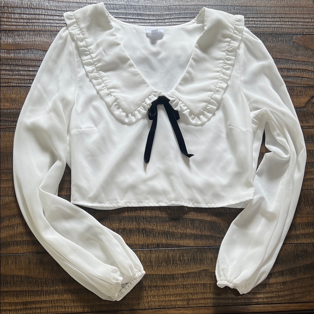 Le Lis White Cropped Blouse with Black Bow
